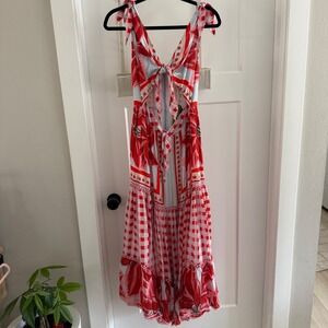 FARM Rio Azalea Mix Midi Dress Red Blue Gingham‎ Floral Cutout Size S NWT Picnic
